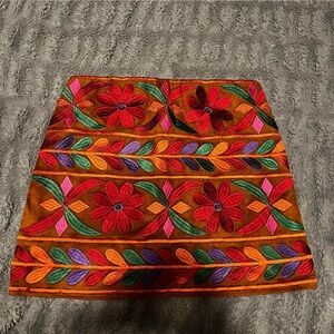 Boho Ethnic Embroidered Suede Mini Skirt